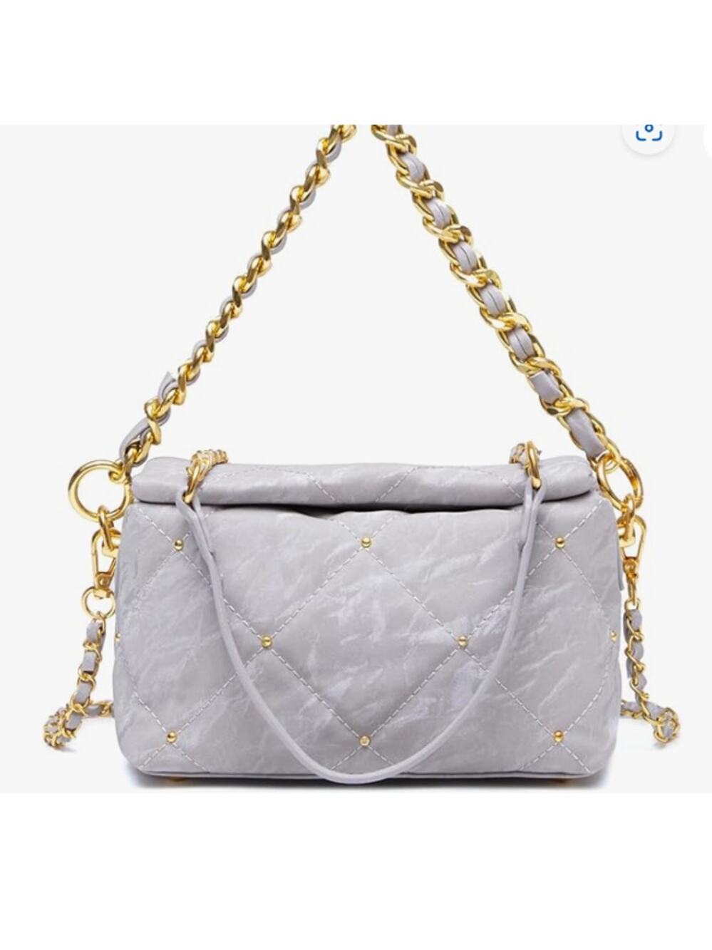 Quilted Crossbody Bags PU Shoulder Handbag 2 Chain Straps Gray 7.4"× 2.9"× 4.7"